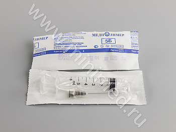 Шприц инъекционный однократного применения трехдетальный 5Б "Луер", вместимостью 5 см3, с иглой 0,7*